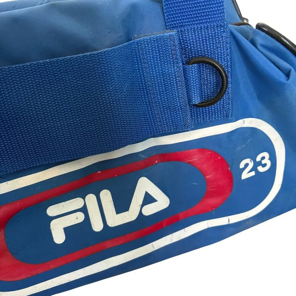 Vintage 90s Fila Duffle Gym Bag Blue Logo Sports Travel Y2K Retro Shoulder Bag